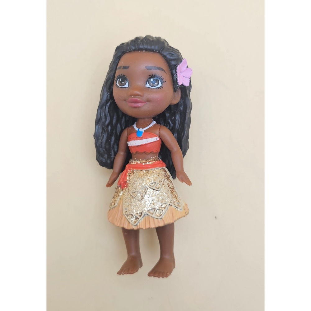 Disney Moana Petite Doll Small Figure Long Black Hair Glitter Skirt Pink Flower